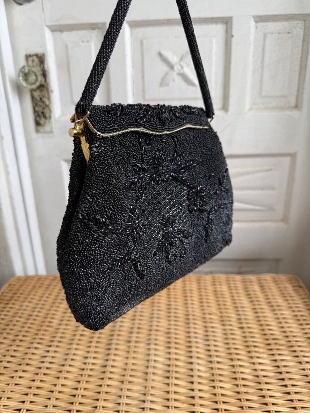 Vintage 1960s Black Glass Floral Seed Beaded Top Handle Formal Purse - Picture 3 of 16
